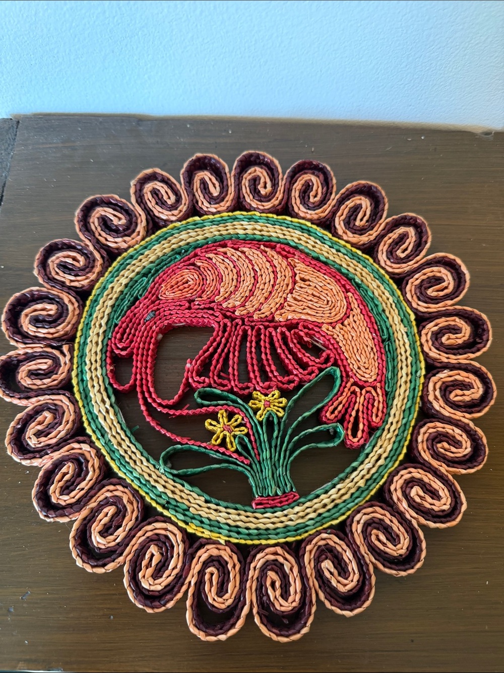 Handcrafted Circular Floral Trivet - Red, Peach, Green, Yellow